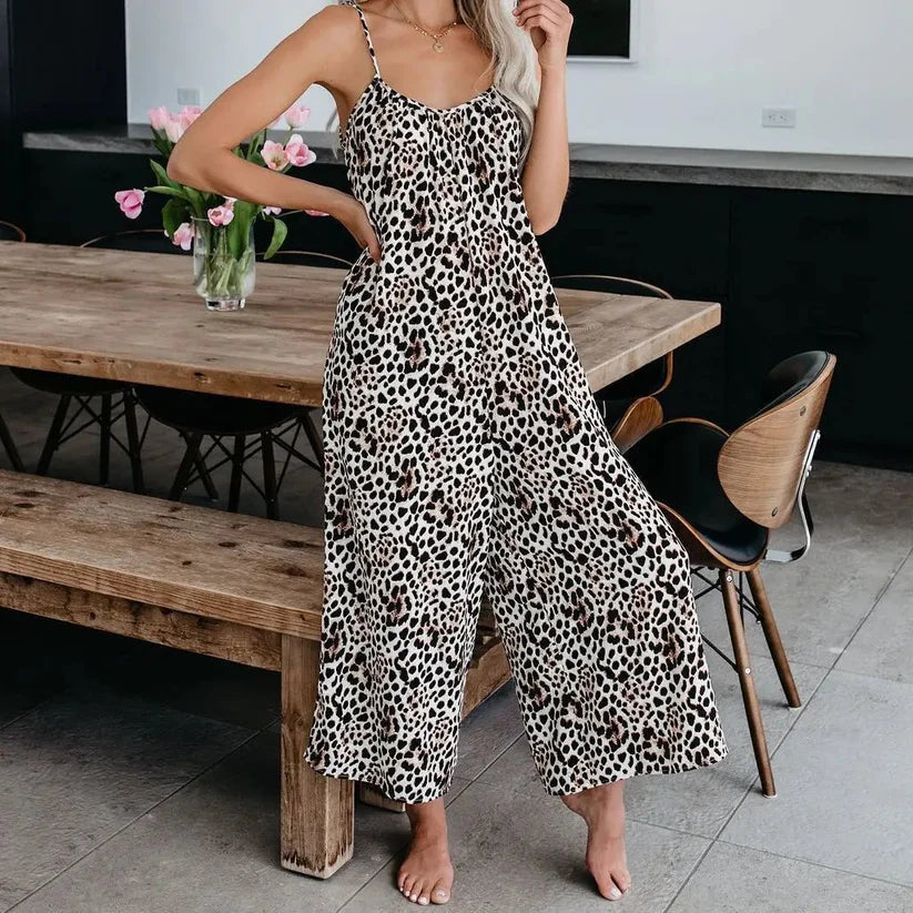 Női divat: nyomtatott mintás, vékony pántos jumpsuit