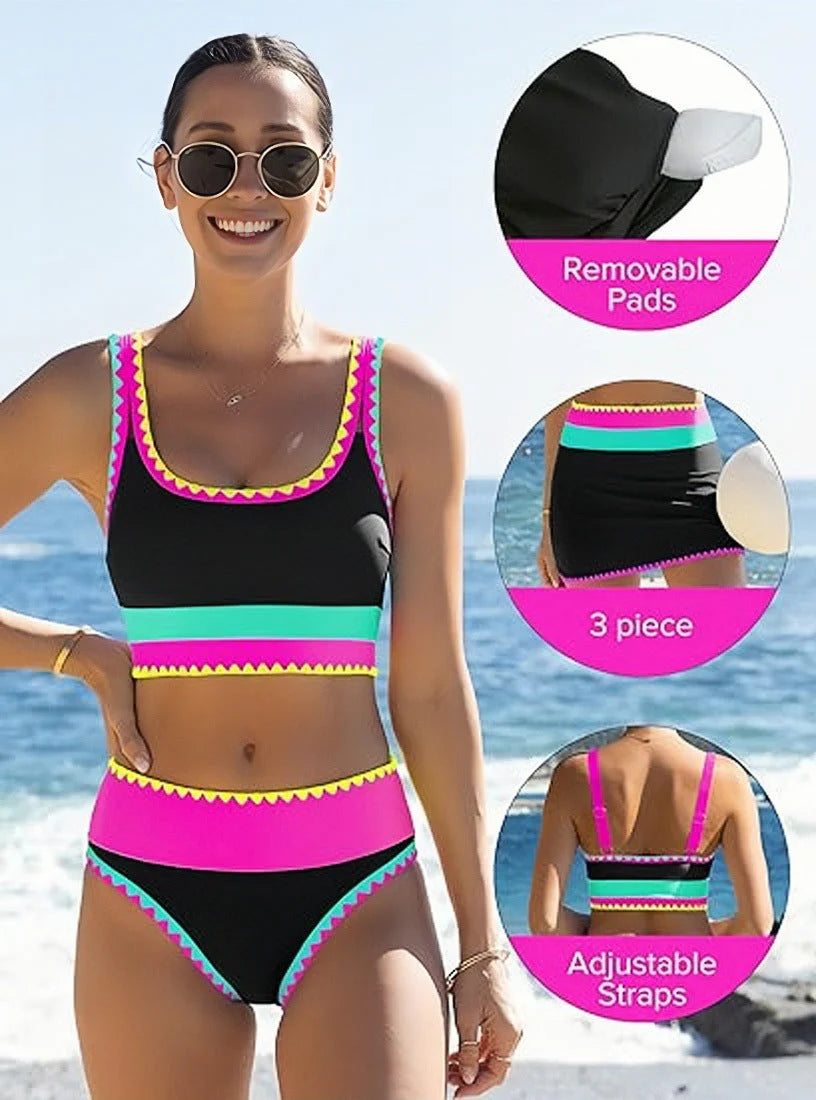 🔥🎁Újdonság: 50% KEDVEZMÉNY🔥🌼 Háromrészes, színes blokkos nylon sportbikini – magas derékvonal, amely karcsúsító hatást kölcsönöz a hasnak 👙