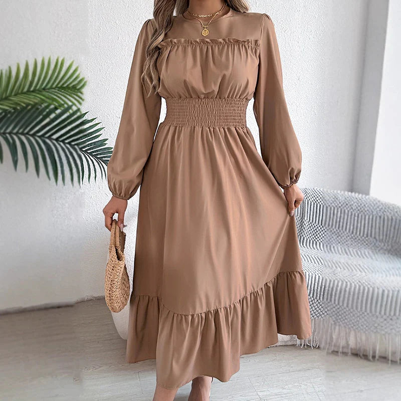 👗✨ Női, hosszú ujjú, smockolt, fodros maxi ruha – elegancia és kényelem egyben