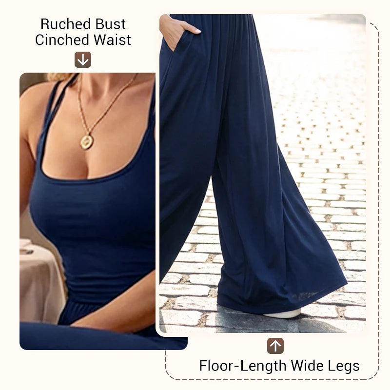 ☀️Női jumpsuit – vállpántos, hangsúlyos derékvonalú és széles nadrágszárú