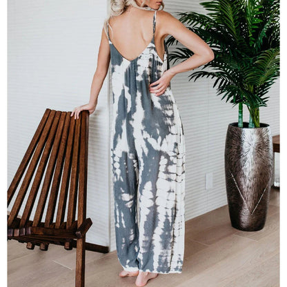 Női divat: nyomtatott mintás, vékony pántos jumpsuit