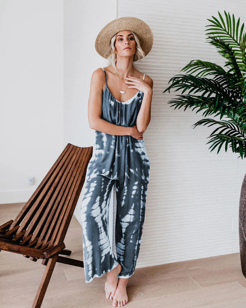 Női divat: nyomtatott mintás, vékony pántos jumpsuit