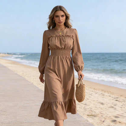 👗✨ Női, hosszú ujjú, smockolt, fodros maxi ruha – elegancia és kényelem egyben