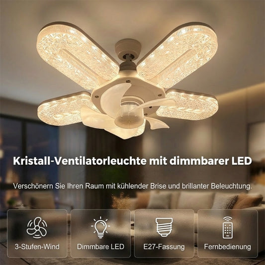 ✨ 5 lapátos LED-es ventilátorlámpa kristályhatással 💎💨