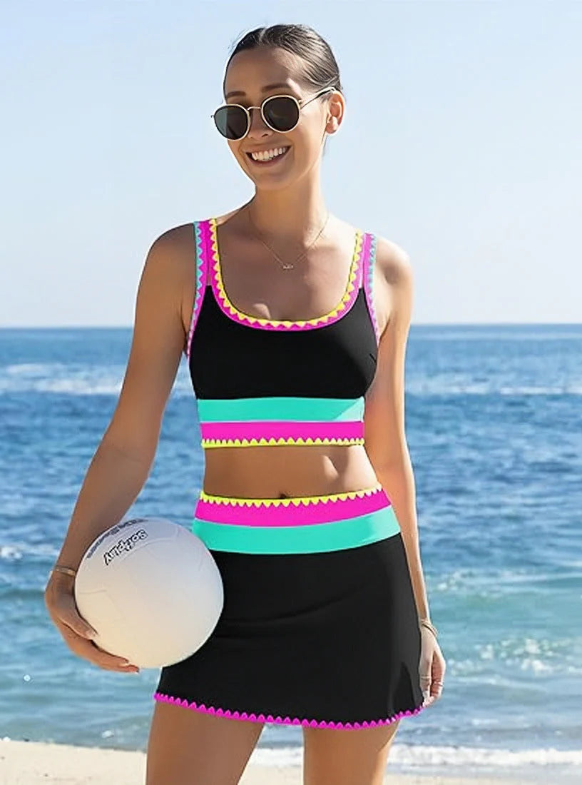 🔥🎁Újdonság: 50% KEDVEZMÉNY🔥🌼 Háromrészes, színes blokkos nylon sportbikini – magas derékvonal, amely karcsúsító hatást kölcsönöz a hasnak 👙