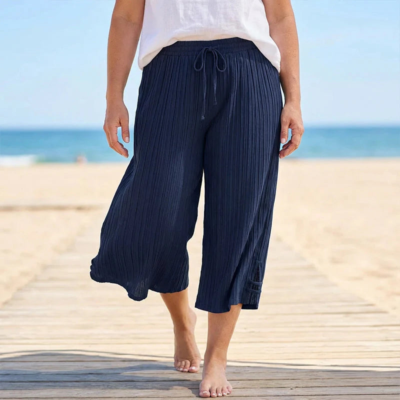 👖✨ Ribb-kötésű capri nadrág – széles szár, zsebek és állítható húzózsinór