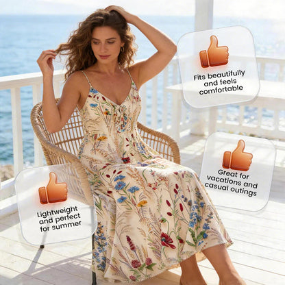 👗✨ Nagyméretű, virágmintás, spagetti pántos midi ruha – könnyed nyári elegancia