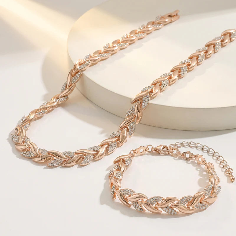 💎 Strasszos nyaklánc + karkötő szett✨ Levél-linkes ékszerszett – Kifinomult stílus és csillogás minden alkalomra!