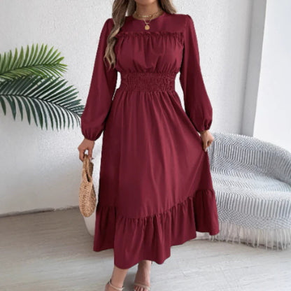 👗✨ Női, hosszú ujjú, smockolt, fodros maxi ruha – elegancia és kényelem egyben