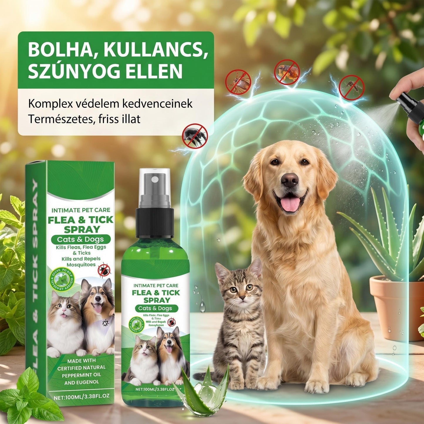 Természetes bolha- és kullancsriasztó spray kutyáknak és macskáknak