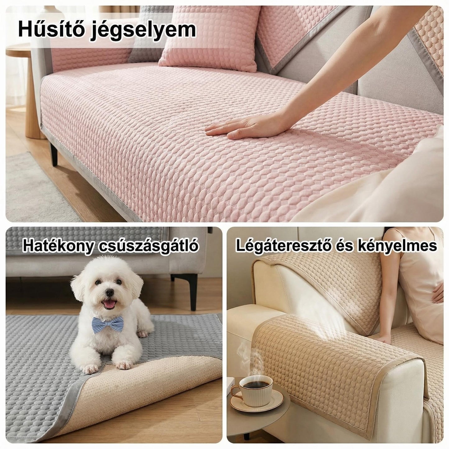 Új nyári hűsítő kanapéhuzat – továbbfejlesztett méhsejtes csúszásgátló, 3D szerkezetű, lélegző és sima, mosható anyaggal, meztelen alváshoz is tökéletes!