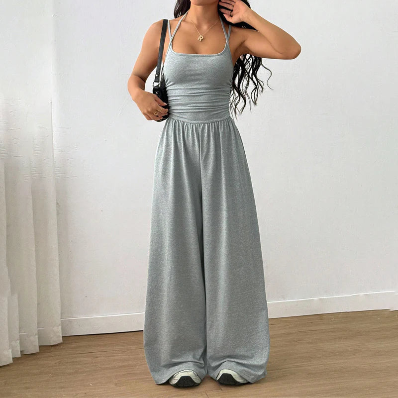 ☀️Női jumpsuit – vállpántos, hangsúlyos derékvonalú és széles nadrágszárú