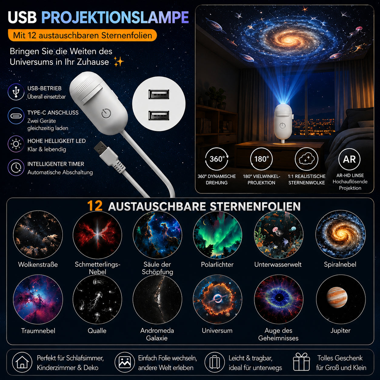 🔥Unod az unalmas éjszakai fényeket? ✨ 2-in-1 csillagos égbolt projektor és éjszakai lámpa