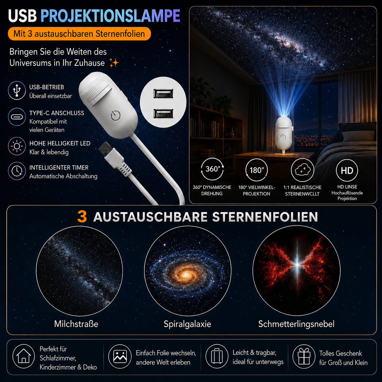 🔥Unod az unalmas éjszakai fényeket? ✨ 2-in-1 csillagos égbolt projektor és éjszakai lámpa