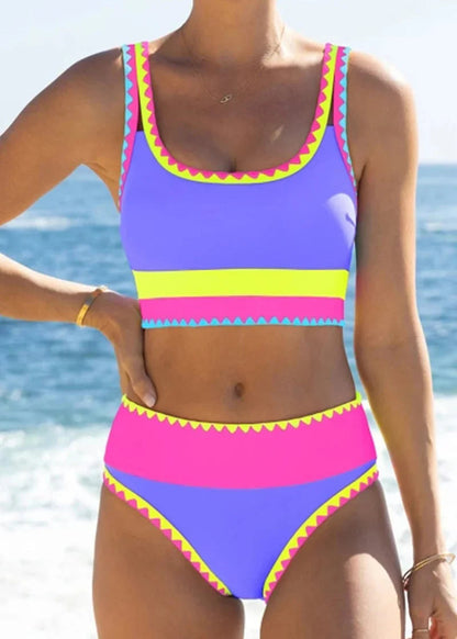 🔥🎁Újdonság: 50% KEDVEZMÉNY🔥🌼 Háromrészes, színes blokkos nylon sportbikini – magas derékvonal, amely karcsúsító hatást kölcsönöz a hasnak 👙