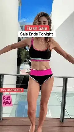 🔥🎁Újdonság: 50% KEDVEZMÉNY🔥🌼 Háromrészes, színes blokkos nylon sportbikini – magas derékvonal, amely karcsúsító hatást kölcsönöz a hasnak 👙