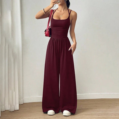 ☀️Női jumpsuit – vállpántos, hangsúlyos derékvonalú és széles nadrágszárú