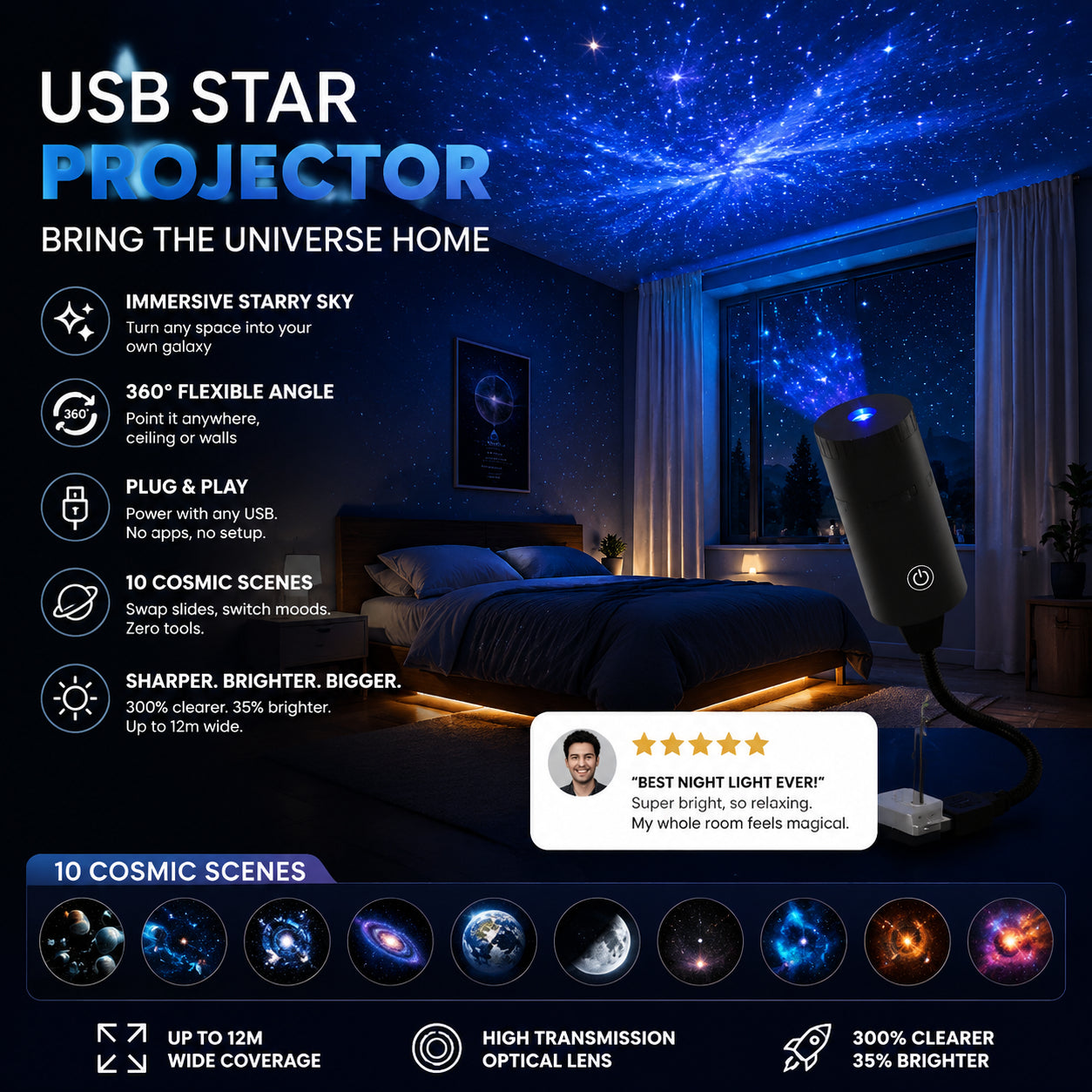 🌃 Nem kell kábelekkel és bonyolult beállításokkal bajlódnod az esti csillagokhoz! Plug-and-Play HD csillagvetítő