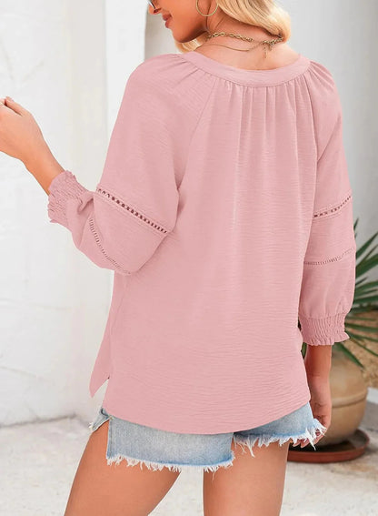 👚✨ Női 3/4-es lámpás ujjú, laza V-nyakú pólók és redős, tágas blúzok