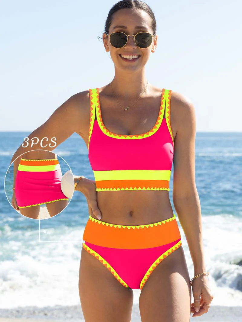 🔥🎁Újdonság: 50% KEDVEZMÉNY🔥🌼 Háromrészes, színes blokkos nylon sportbikini – magas derékvonal, amely karcsúsító hatást kölcsönöz a hasnak 👙