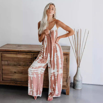 Női divat: nyomtatott mintás, vékony pántos jumpsuit