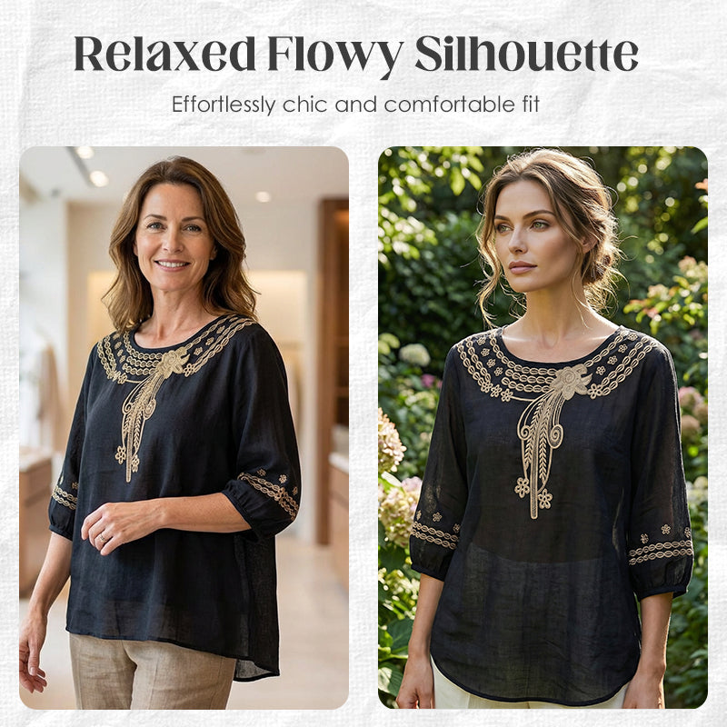 ✨Unod az egyszerű felsőket és keresel nőies ruhadarabot? 👚 Női, hímzett pamut-len keverékből készült blúz