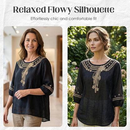 ✨Unod az egyszerű felsőket és keresel nőies ruhadarabot? 👚 Női, hímzett pamut-len keverékből készült blúz