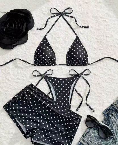 Pöttyös, oldalt megkötős háromszög alakú bikini alsó – 3 részes szett