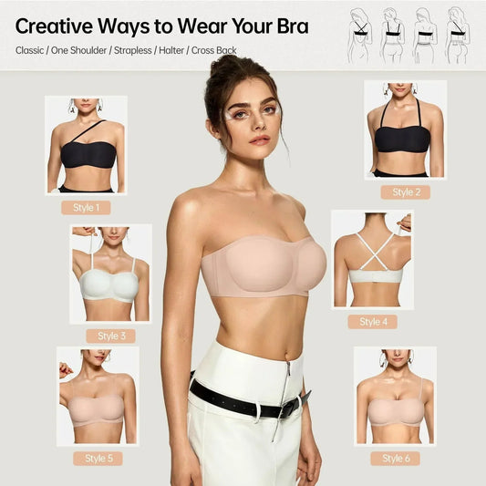 💞Női vállpánt nélküli melltartók, push-up bandeau melltartók, csúszásmentes, merevítő nélküli, párnázott melltartók, varratmentes, kényelmes csőmelltartók