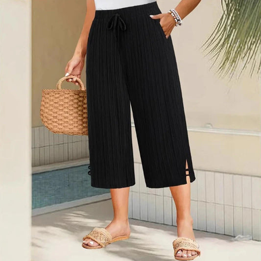 👖✨ Ribb-kötésű capri nadrág – széles szár, zsebek és állítható húzózsinór