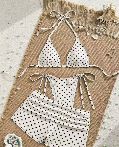 Pöttyös, oldalt megkötős háromszög alakú bikini alsó – 3 részes szett