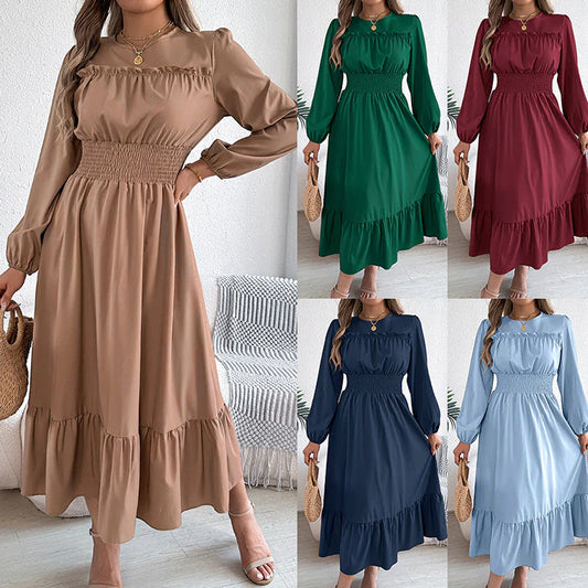 👗✨ Női, hosszú ujjú, smockolt, fodros maxi ruha – elegancia és kényelem egyben