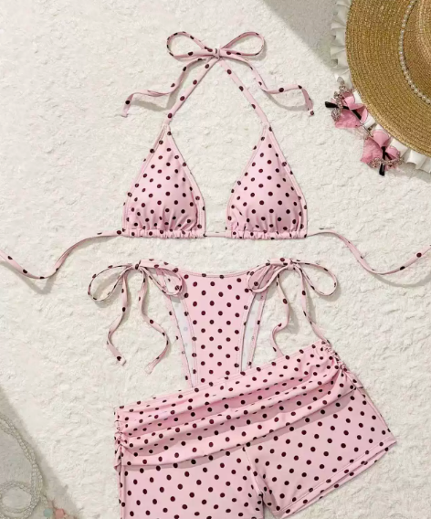 Pöttyös, oldalt megkötős háromszög alakú bikini alsó – 3 részes szett
