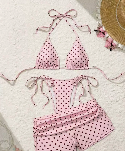 Pöttyös, oldalt megkötős háromszög alakú bikini alsó – 3 részes szett