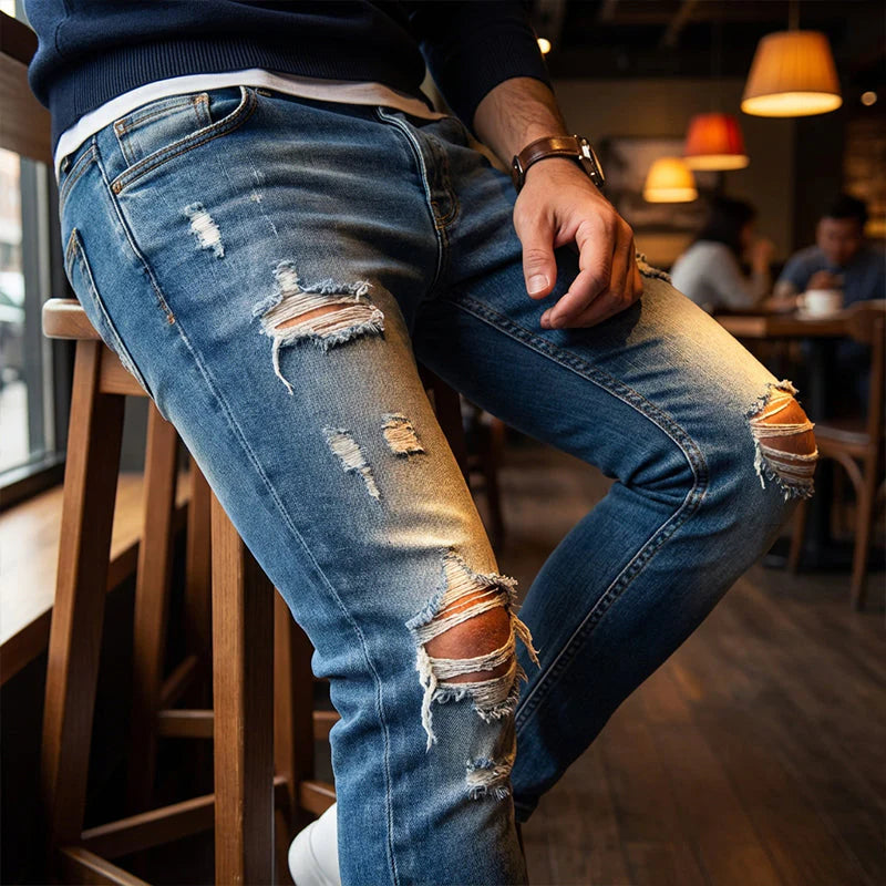 🔥🎁Új 50%-os KEDVEZMÉNY🔥Divatos férfi skinny farmer kopott hatással