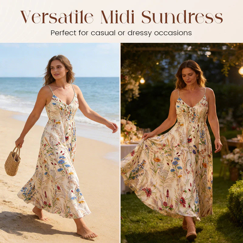 👗✨ Nagyméretű, virágmintás, spagetti pántos midi ruha – könnyed nyári elegancia