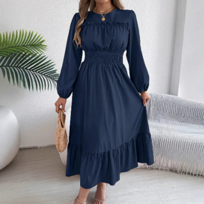 👗✨ Női, hosszú ujjú, smockolt, fodros maxi ruha – elegancia és kényelem egyben