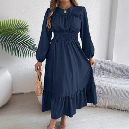 👗✨ Női, hosszú ujjú, smockolt, fodros maxi ruha – elegancia és kényelem egyben