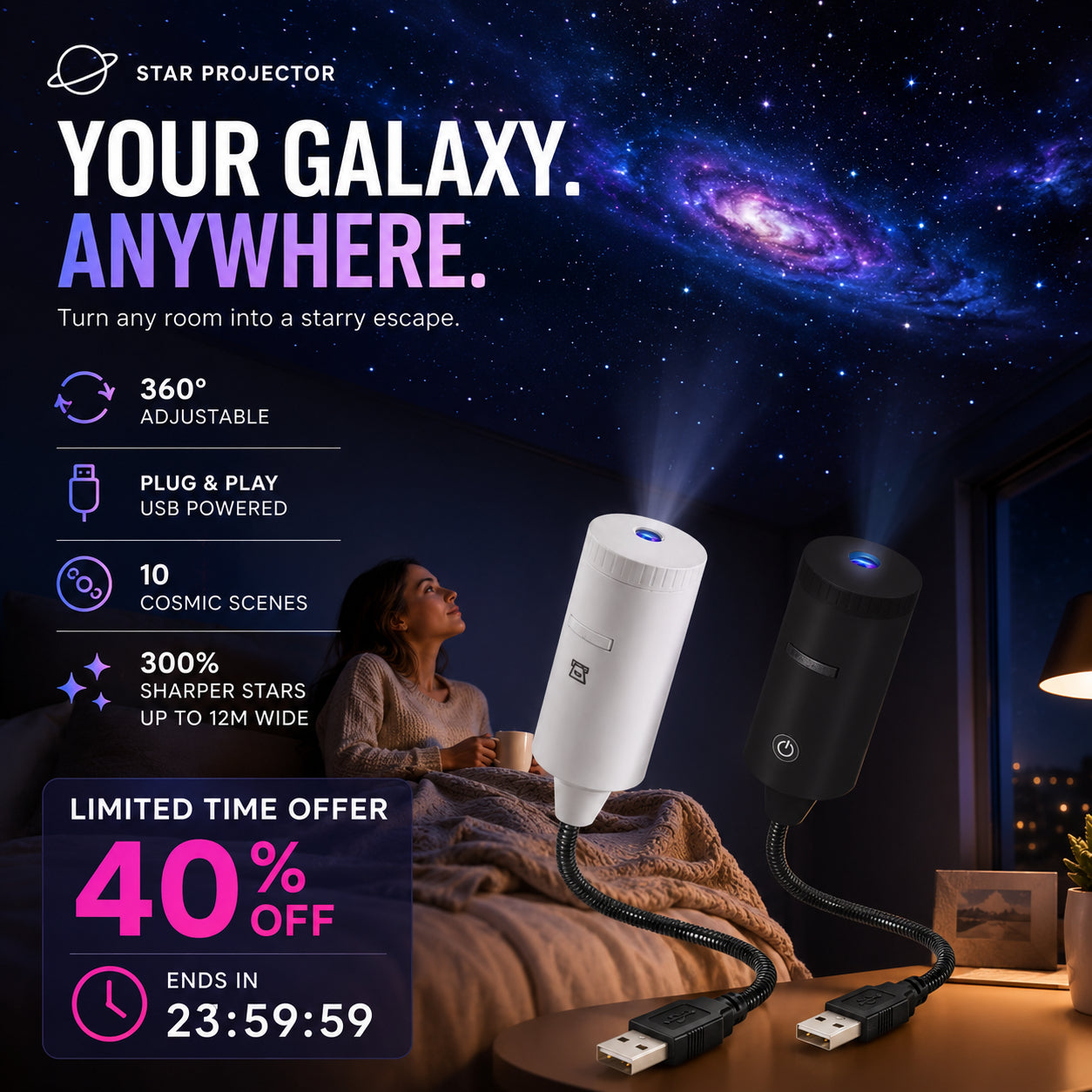 🌃 Nem kell kábelekkel és bonyolult beállításokkal bajlódnod az esti csillagokhoz! Plug-and-Play HD csillagvetítő