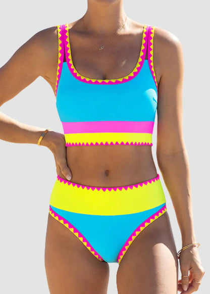 🔥🎁Újdonság: 50% KEDVEZMÉNY🔥🌼 Háromrészes, színes blokkos nylon sportbikini – magas derékvonal, amely karcsúsító hatást kölcsönöz a hasnak 👙