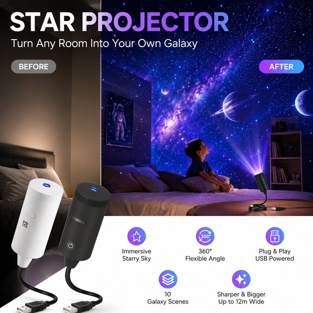 🌃 Nem kell kábelekkel és bonyolult beállításokkal bajlódnod az esti csillagokhoz! Plug-and-Play HD csillagvetítő