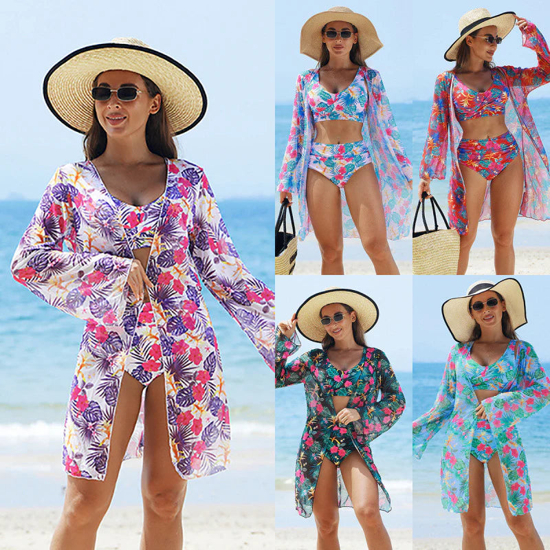🌼👙 Női divatos, szexi, nyomtatott fürdőruha 3 darabos szett