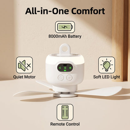 😃 Kényelem és fény egyben bárhol! Újratölthető mennyezeti ventilátor LED-es világítással