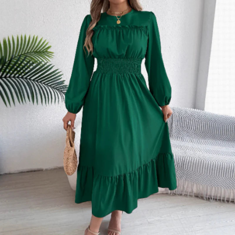 👗✨ Női, hosszú ujjú, smockolt, fodros maxi ruha – elegancia és kényelem egyben