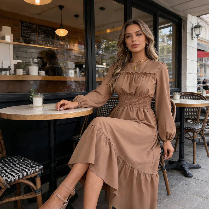 👗✨ Női, hosszú ujjú, smockolt, fodros maxi ruha – elegancia és kényelem egyben