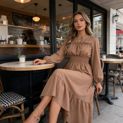 👗✨ Női, hosszú ujjú, smockolt, fodros maxi ruha – elegancia és kényelem egyben