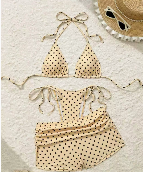 Pöttyös, oldalt megkötős háromszög alakú bikini alsó – 3 részes szett