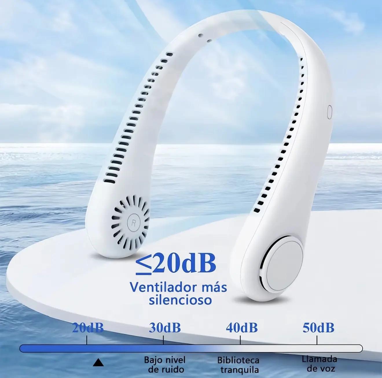 Hordozható mini nyakventilátor, USB-ről tölthető, kézmentes, lapát nélküli, 3 sebességfokozatú, erős légáramlás