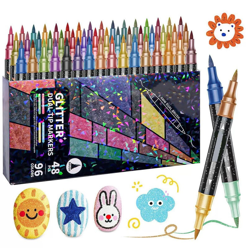 Kreatív rajzoláshoz és díszítéshez tökéletes választás!🎨 🎁🎨 24 Színű Kétvégű Csillámos Filctoll Készlet ✨🖊️